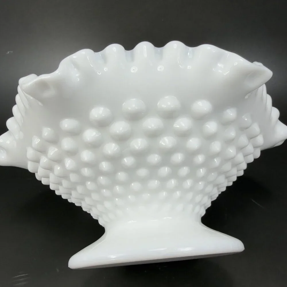 Fenton‎ Hobnail Milk Glass Ruffled Edge Footed Dish Bowl Container White Vintage